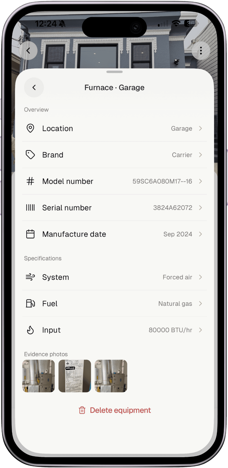 Noma mobile app showing automatic equipment lookup